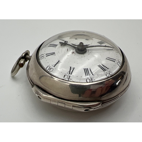 1179 - A Georgian silver verge fusee pocket watch with hinged outer case, by John Wenham, Dereham, Norfolk.... 