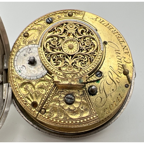 1180 - A large Georgian silver verge fusee pocket watch by J Solomon, Canterbury, with protective outer cas... 