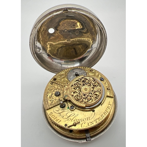 1180 - A large Georgian silver verge fusee pocket watch by J Solomon, Canterbury, with protective outer cas... 