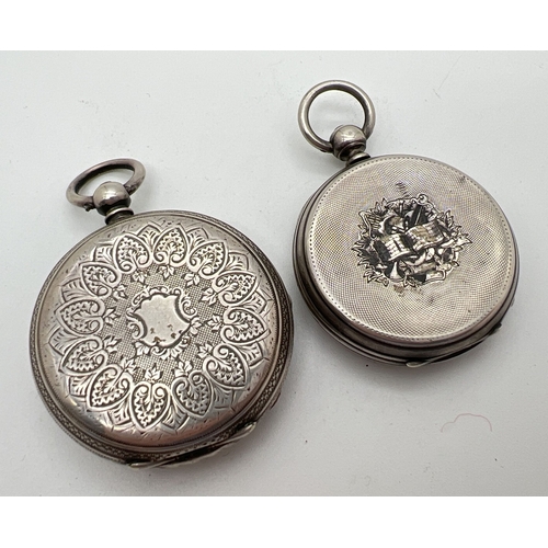 1182 - 2 ladies antique pocket watches. A continental silver watch with engine turned decoration and engrav... 