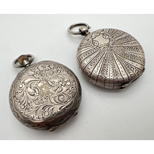 1183 - 2 ladies vintage 935 silver pocket watches. One with geometric and floral design case and empty cart... 