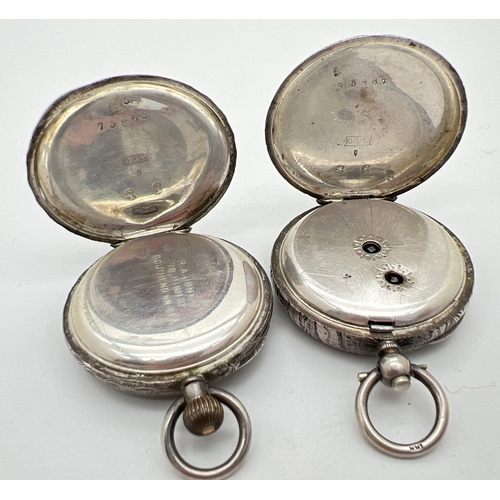 1183 - 2 ladies vintage 935 silver pocket watches. One with geometric and floral design case and empty cart... 