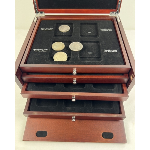 1218 - A wooden U.S. silver dollar collectors case with 9 Morgan Dollars for various dates and mints. San F... 