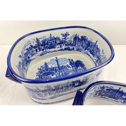 1271 - 2 large blue & white ceramic foot baths decorated with Victorian urban scenes. Largest approx. 20cm ... 