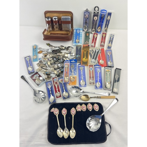 1328 - A collection of 180+ assorted souvenir & commemorative spoons, together with a vintage leather cased... 