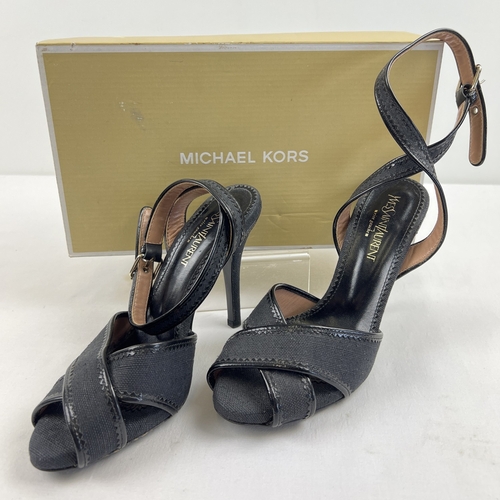 1346 - A pair of Yves Saint Laurent black canvas open toed heeled shoes with wrap around ankle straps. Size... 