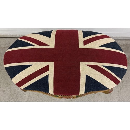 1368 - A large gilt plaster framed stool with painted floral detail and Union Jack cushioned upholstery sea... 