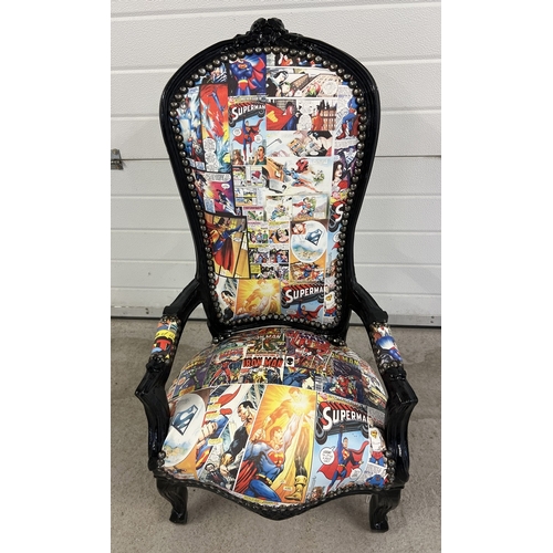 1371 - A modern wooden framed Louis XV style child's armchair with Marvel & DC comic book design upholstery... 