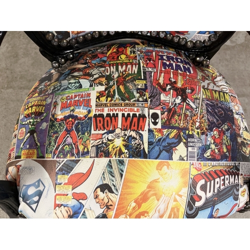 1371 - A modern wooden framed Louis XV style child's armchair with Marvel & DC comic book design upholstery... 