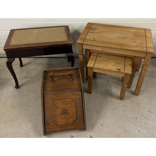 1372 - 3 vintage small items of furniture. A dark wood coal scuttle/box, a piano stool and a more modern pi... 