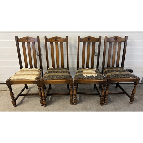 1374 - A set of 4 vintage 1930's dark oak dining chairs with slatted backs and turned front legs. Removable... 