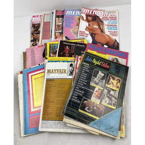 230 - A box of 35 assorted adult erotic magazines with missing or damaged front covers. To include Mayfair... 