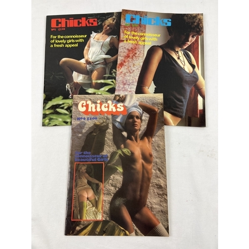 90 - First 2 issues of Chicks, vintage 1970's adult erotic magazine together with issue No. 4. All in exc... 