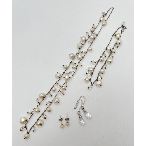 1136 - A silver, freshwater pearl and glass bead necklace and matching bracelet. Together with a pair of gl... 