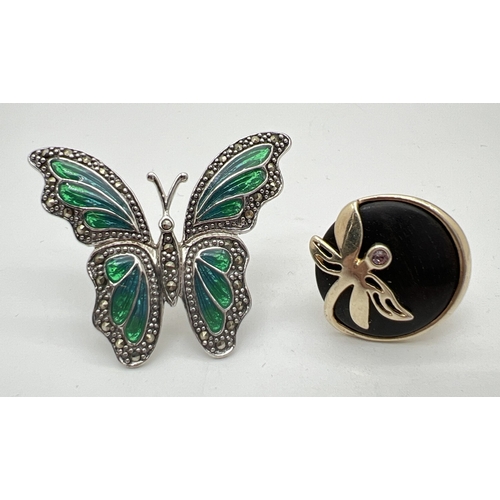 1137 - 2 silver rings of flying insect design. A large butterfly with green/blue enamel and marcasite stone... 