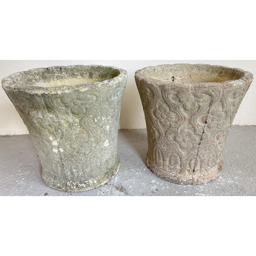 1474 - A pair of small vintage circular shaped concrete garden planters with Tudor design floral detail. Ap... 