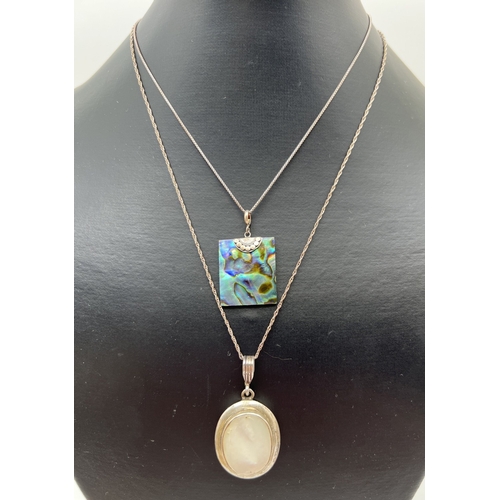 1029 - 2 silver and shell pendant necklaces on silver chains. A Square abalone shell pendant with silver ca... 