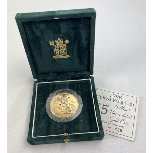 1218 - A boxed Royal mint limited edition 1998 22ct gold Brilliant Uncirculated &pound;5 coin. No. 426/1000. St. ...