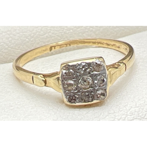 1113 - A vintage 18ct gold and diamond ring set with 9 small round cut diamonds in a square setting. Stampe... 