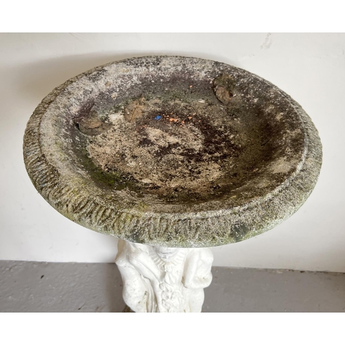 1417 - A decorative concrete 2 sectional garden bird bath with pedestal base modelled with 3 women of class... 