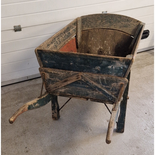 1422 - A vintage 1940's wooden wheelbarrow, painted green, with removable top section. Approx. 73cm tall x ... 