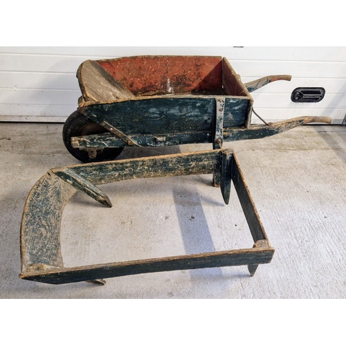 1422 - A vintage 1940's wooden wheelbarrow, painted green, with removable top section. Approx. 73cm tall x ... 