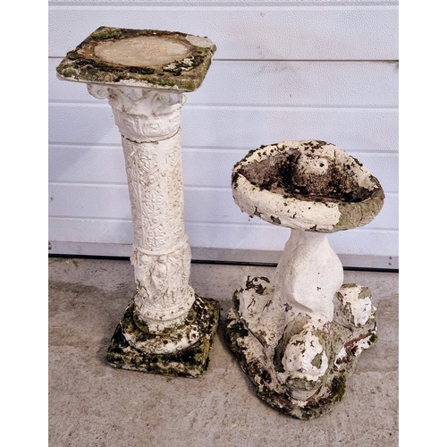 1426 - 2 vintage concrete garden ornaments, painted white. A bird bath with base and upstand modelled as 3 ... 