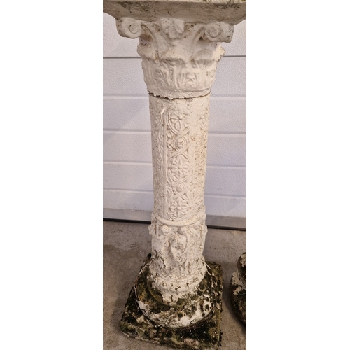 1426 - 2 vintage concrete garden ornaments, painted white. A bird bath with base and upstand modelled as 3 ... 