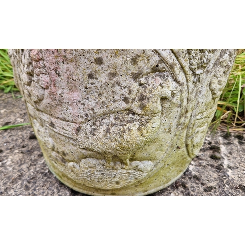 1436 - A large circular shaped concrete garden planter with panelled design showing pheasants. Approx. 35cm... 