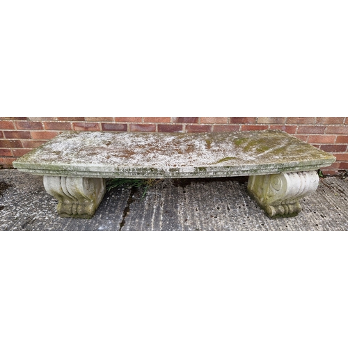 1456 - A very large, heavy, 3 piece concrete garden bench with curved top and classical column design legs.... 