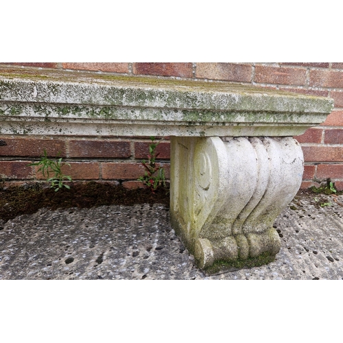 1456 - A very large, heavy, 3 piece concrete garden bench with curved top and classical column design legs.... 