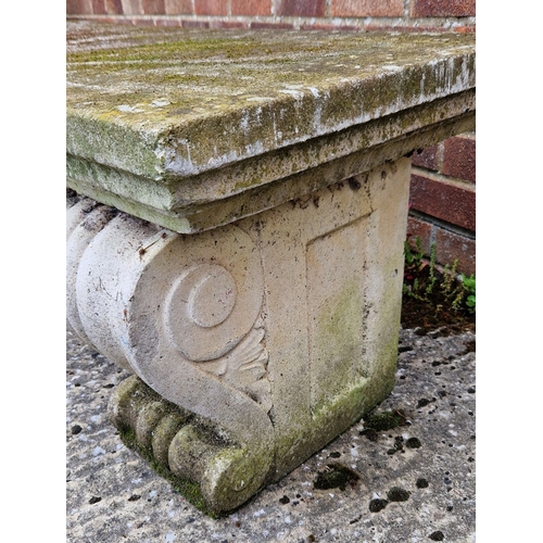 1456 - A very large, heavy, 3 piece concrete garden bench with curved top and classical column design legs.... 