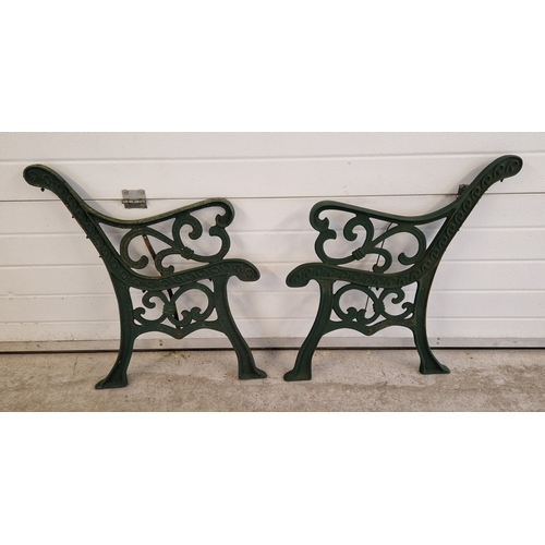 1461 - A pair of vintage cast iron bench ends, painted green, with scroll detail. Approx. 78cm tall x 63cm ... 