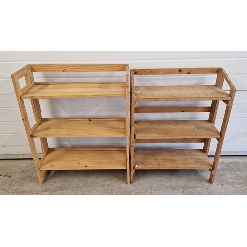 1402 - 2 vintage light wood 3 shelf folding book stands. Largest approx. 95cm x 71cm.