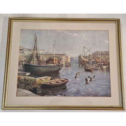 1393 - A vintage Vernon Ward print, Safe Anchorage, of Mousehole harbour scene with seagulls in flight. In ... 