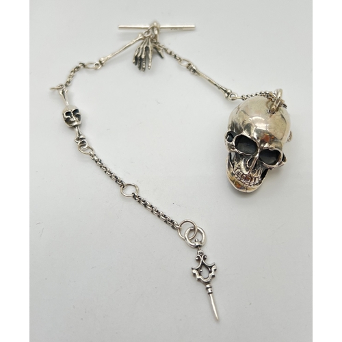 1148 - A modern steampunk design albert chain of skull and bones design, with hinged opening skull pendant,... 