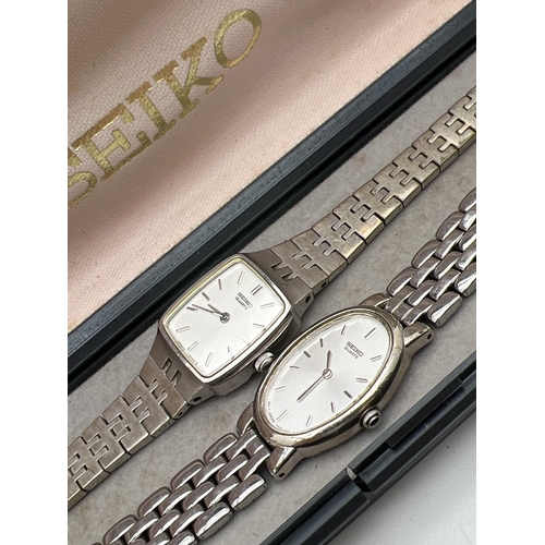 1191 - 3 ladies vintage stainless steel bracelet quartz watches. One each with round, oval and square case.... 