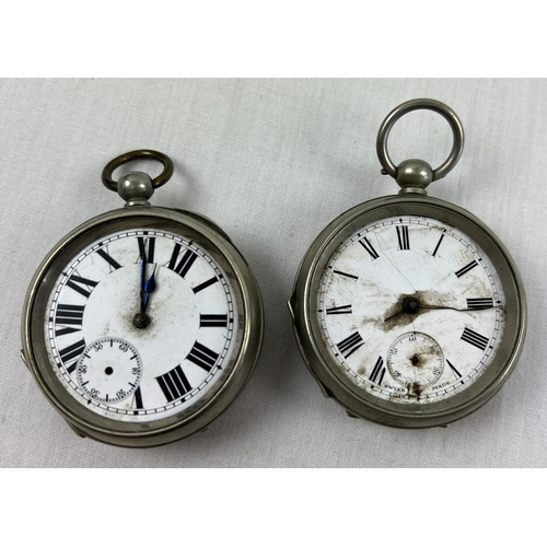 1204 - 2 vintage pocket watches. Both with black Roman numeral hour markers and white enamel faces. Only on... 