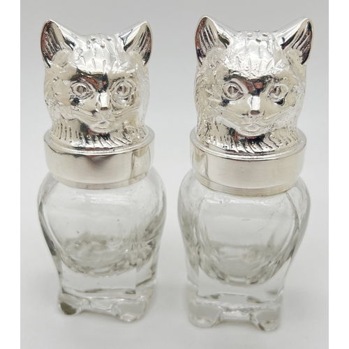 1208 - A glass salt & pepper cruet with silver plated tops modelled as cats heads. Each approx. 12cm tall.