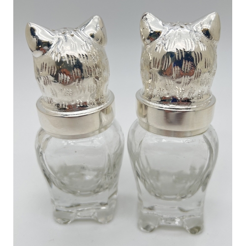 1208 - A glass salt & pepper cruet with silver plated tops modelled as cats heads. Each approx. 12cm tall.