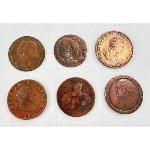 1223 - 6 Georgian coins and tokens in varying conditions. To include  1811 half penny token, a 1794 George ... 