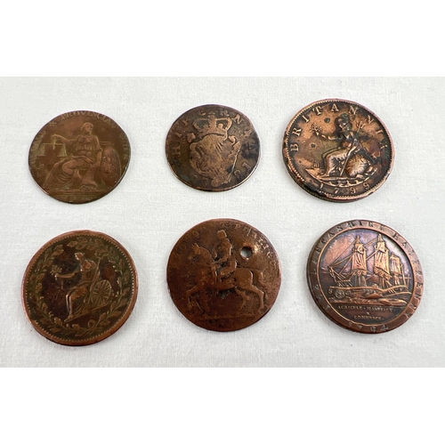 1223 - 6 Georgian coins and tokens in varying conditions. To include  1811 half penny token, a 1794 George ... 