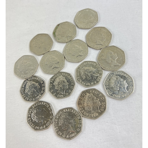 1243 - 15 collectors 50p coins. To include 3 x Sherlock Holmes, The Royal arms, Samuel Johnson's Dictionary... 