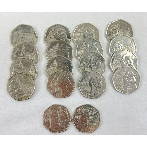 1246 - 18 x 2018 and 2019 Paddington Bear 50p collectable coins in 3 designs. Comprising : 10 x Paddington ... 