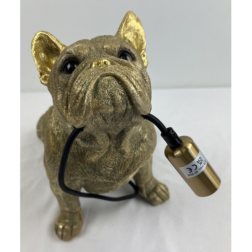 1364 - A modern gold coloured French bulldog table lamp. Approx. 27.5cm tall x 33cm long.