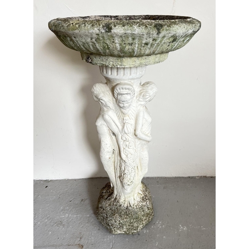 1417 - A decorative concrete 2 sectional garden bird bath with pedestal base modelled with 3 women of class... 