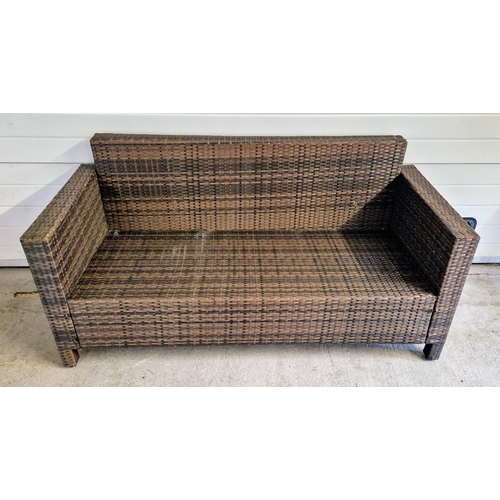 1424 - A modern woven rattan design garden seat. Approx. 80cm tall x 163cm long.