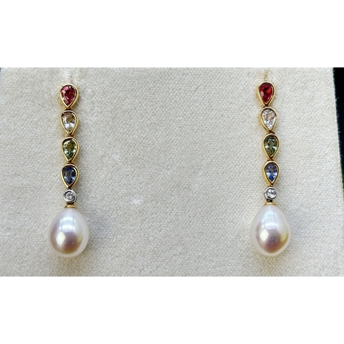 7 - A pair of 18ct gold mulitcoloured sapphire, diamond and cultured pearl drop earrings. Each earring c... 