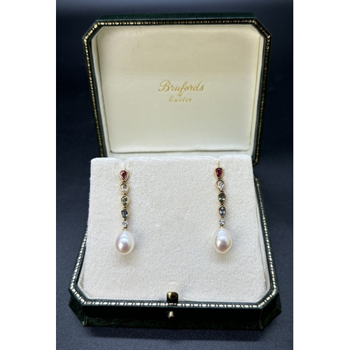 7 - A pair of 18ct gold mulitcoloured sapphire, diamond and cultured pearl drop earrings. Each earring c... 