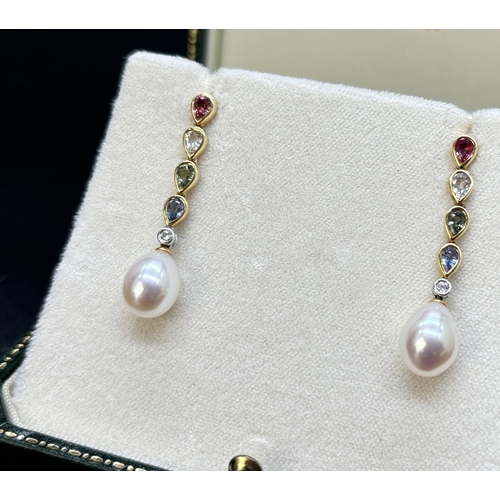 7 - A pair of 18ct gold mulitcoloured sapphire, diamond and cultured pearl drop earrings. Each earring c... 